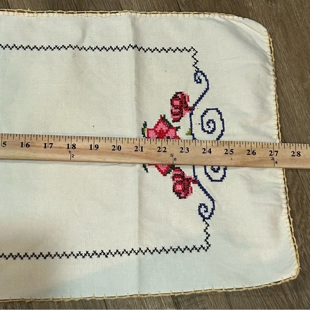 2 Vintage Hand Embroidered Table Runner Floral Design Crochet Edges MCM 13”x27”